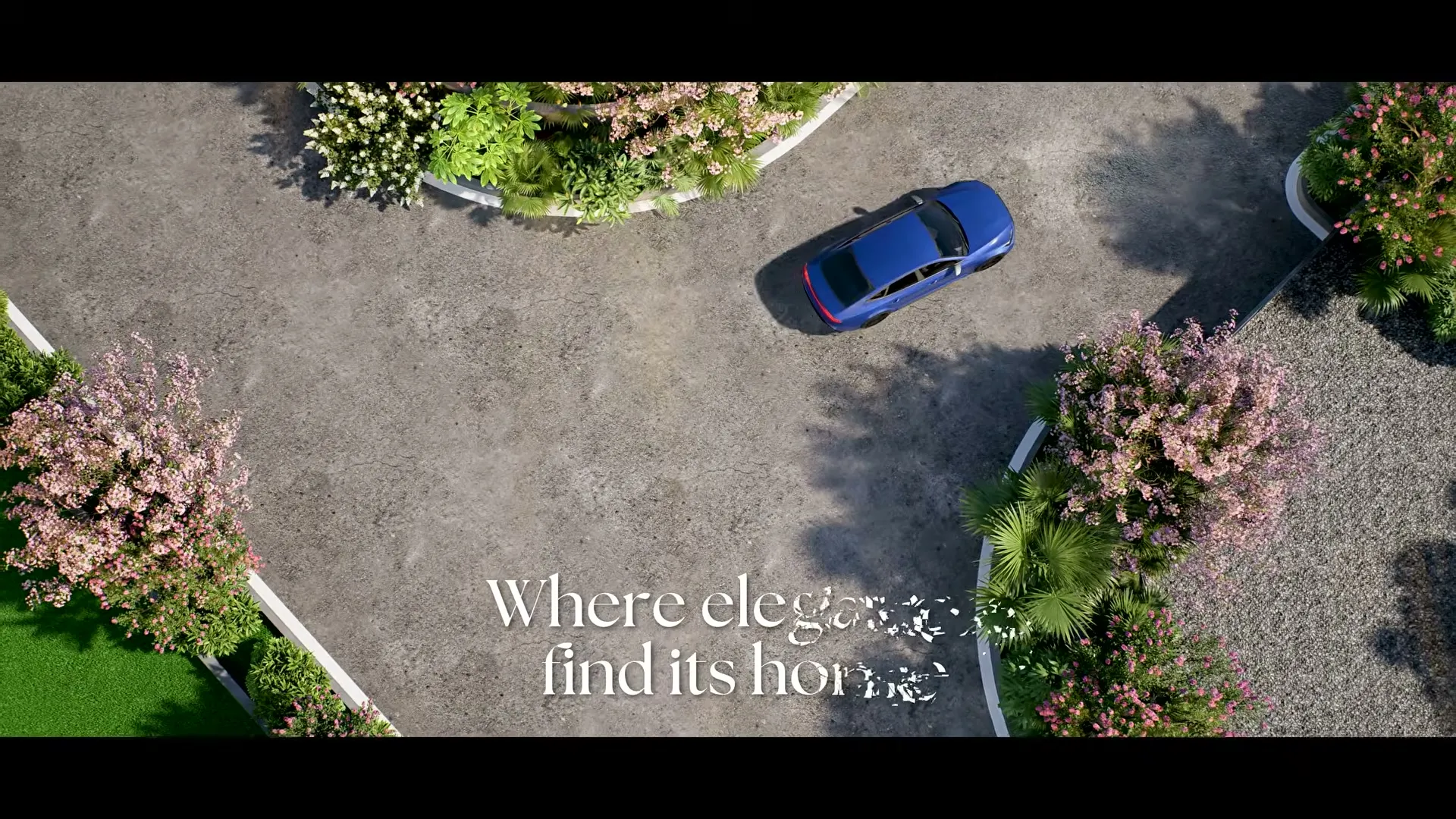 Aerial view of a villa driveway and planting at Tranquil Farms