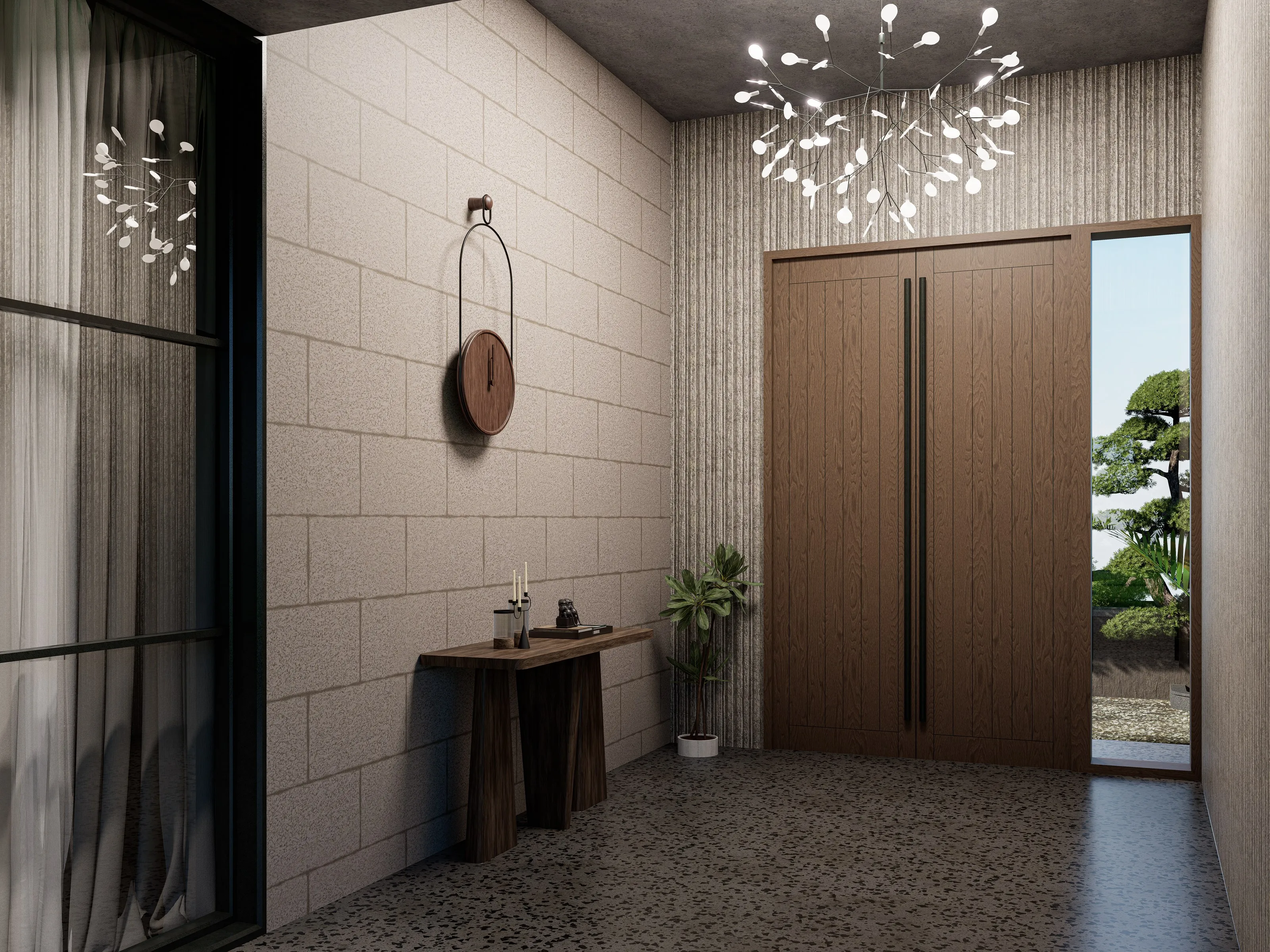The vestibule of a villa at Tranquil Farms, with a jaali panel and view through to the garden