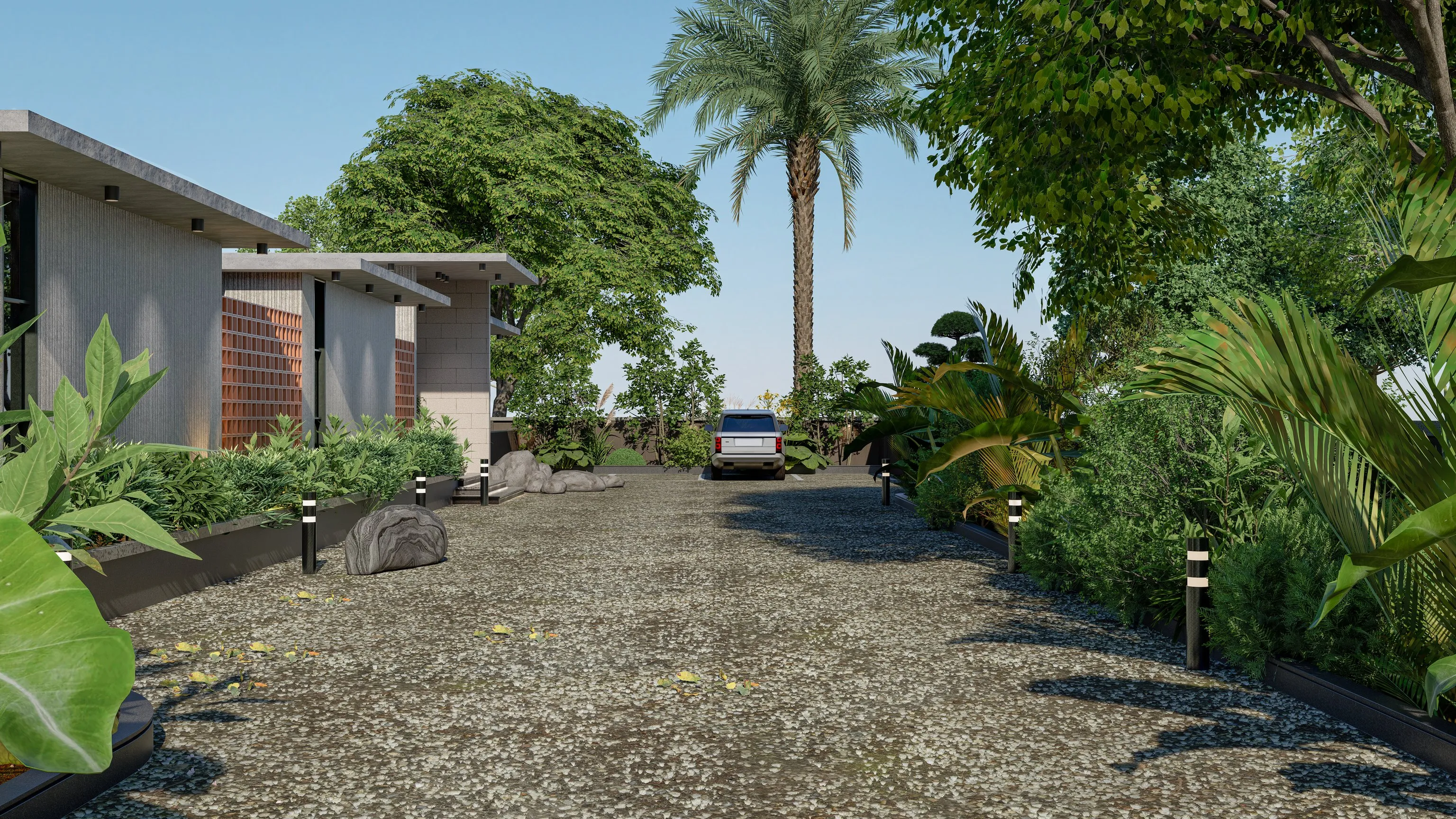 A tree-lined internal road at Tranquil Farms, planted on both sides with flowering trees