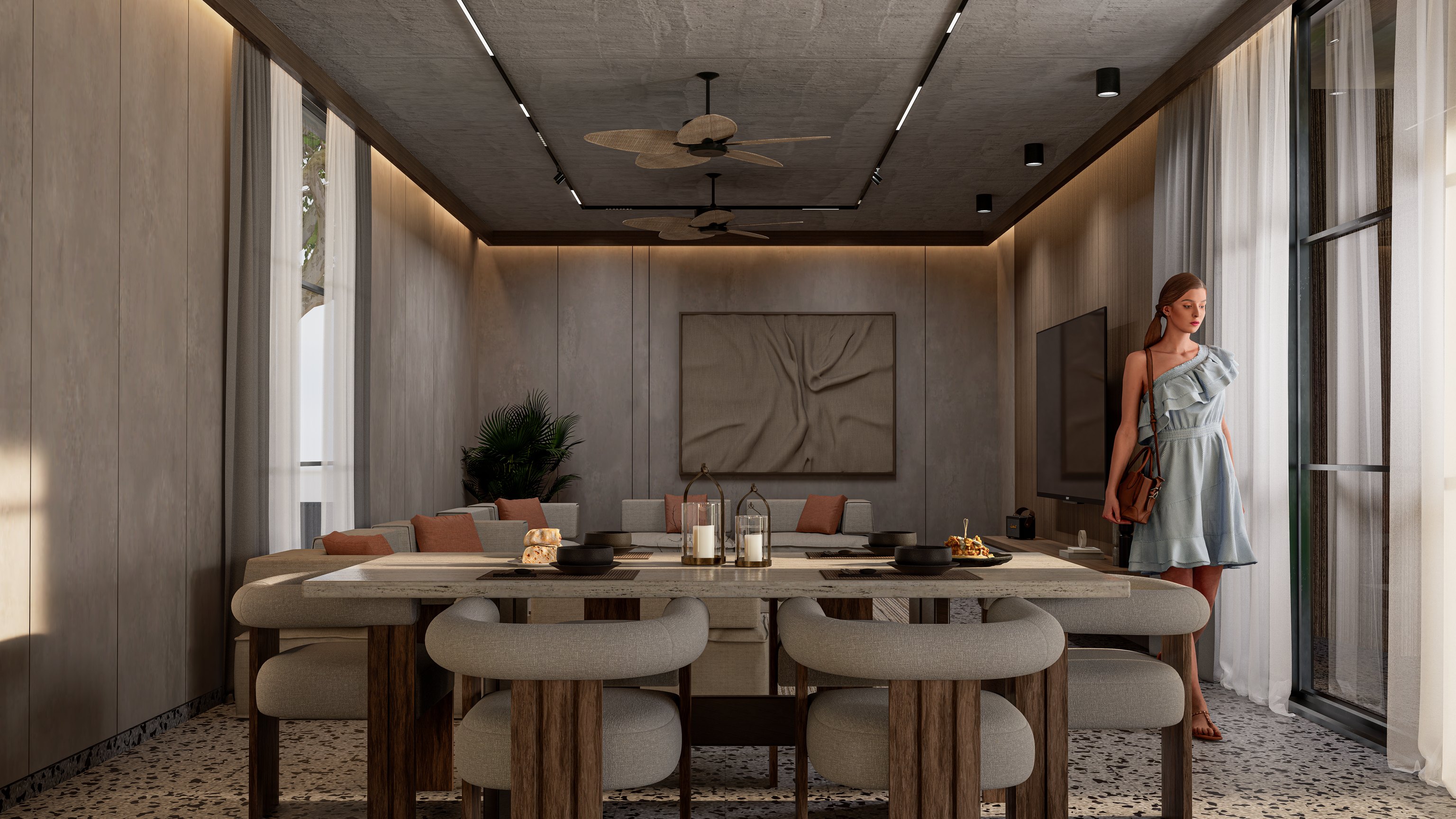 The dining table under the timber ceiling