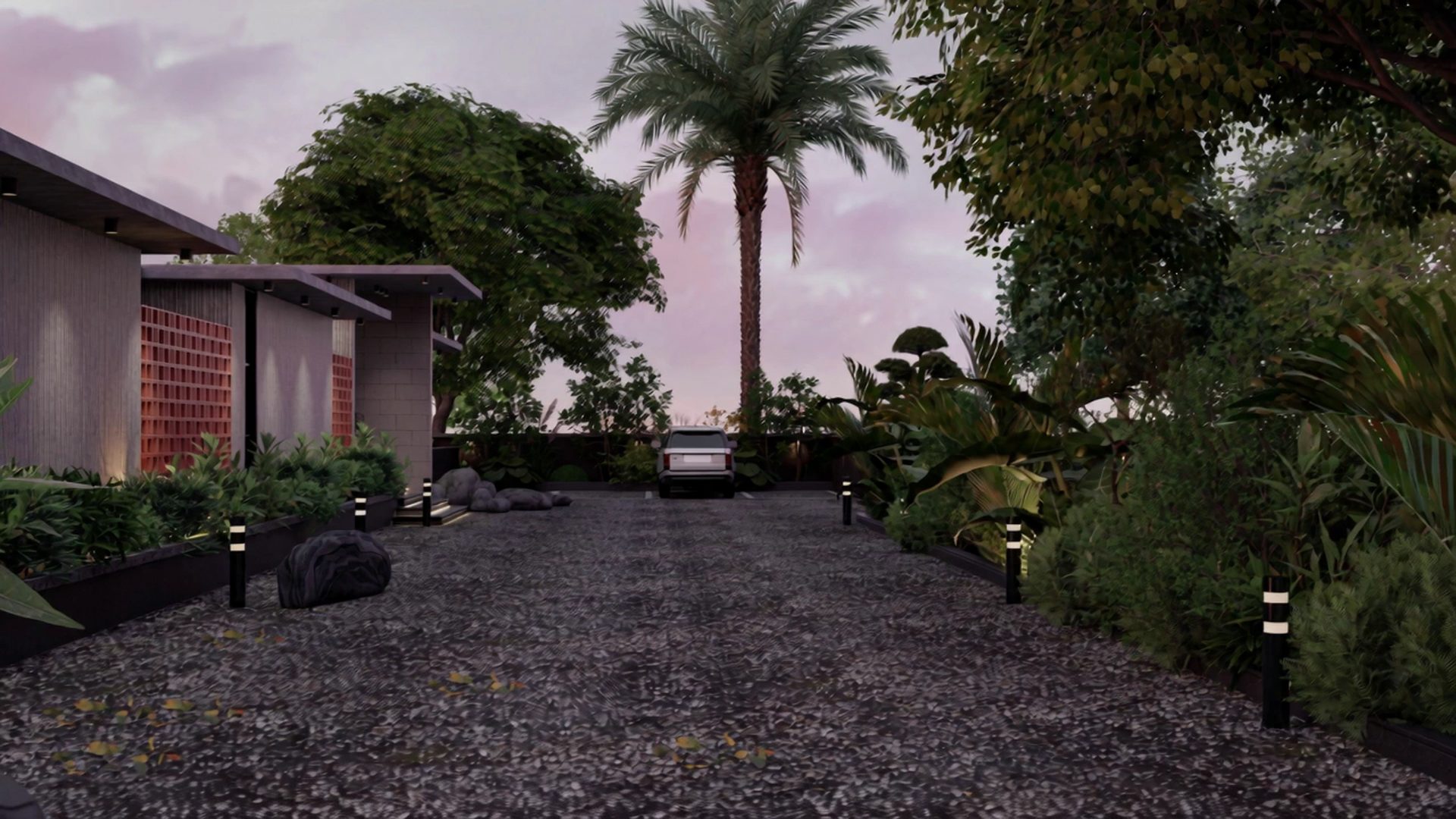 The internal road at Tranquil Farms at dusk