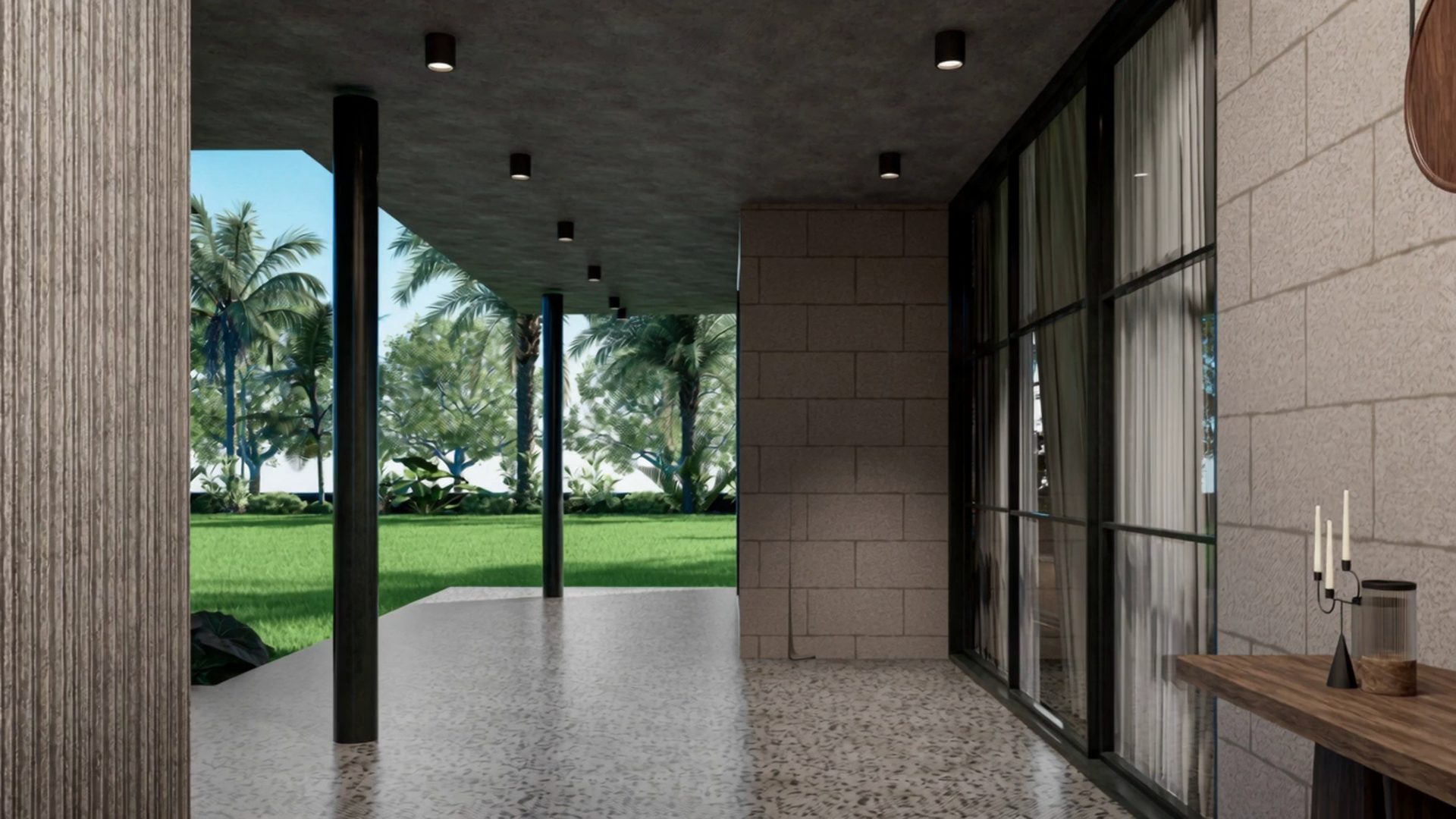 The covered veranda at Tranquil Farms leading to the entrance