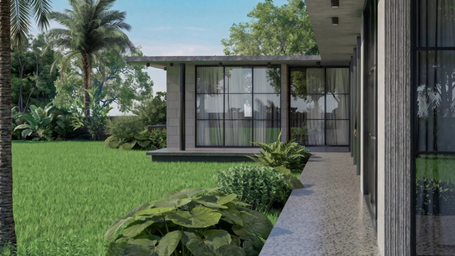 The villa and lawn at Tranquil Farms as evening falls