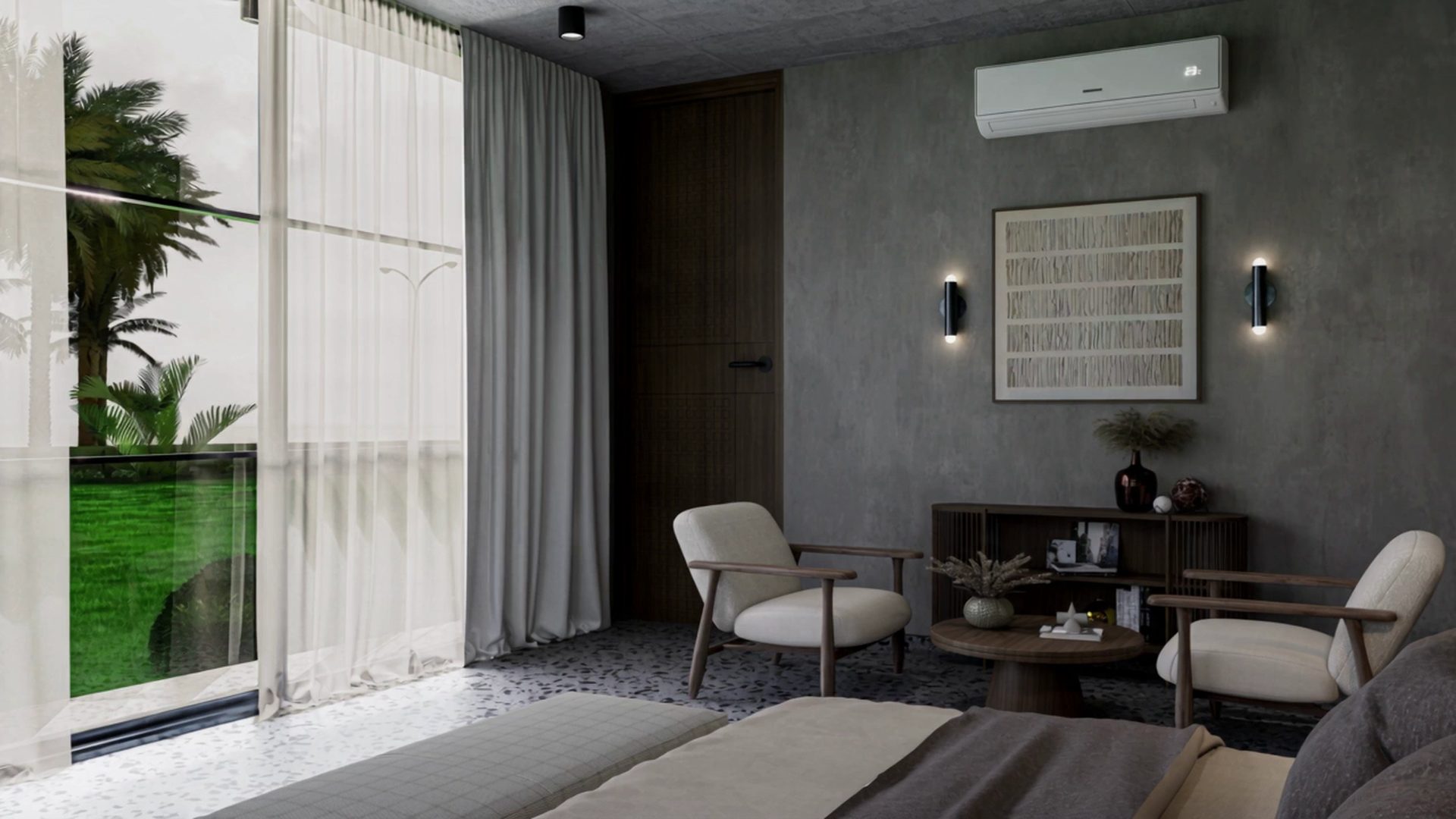 A master bedroom with full-height glazing to the garden