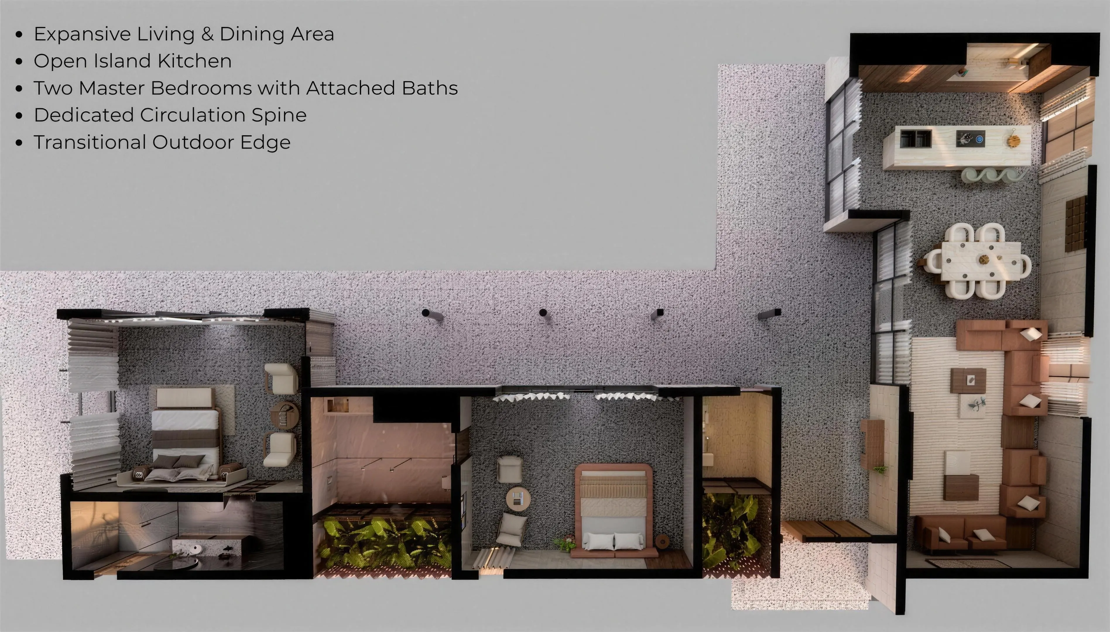 Furnished cutaway view of the same villa plan, seen from above with the living, dining, kitchen and both bedrooms laid out