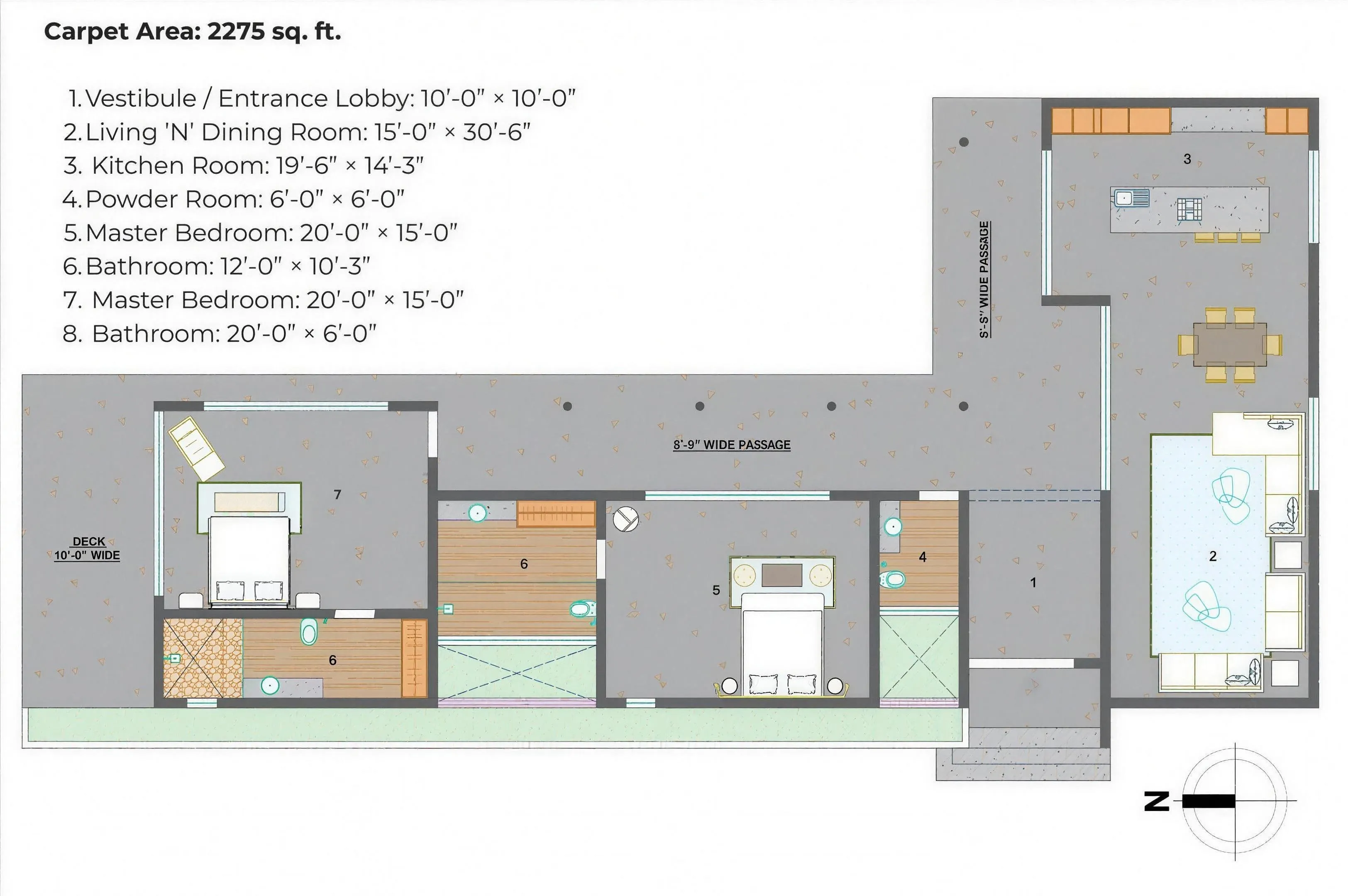 Floor plan of the villa at Tranquil Farms, showing the vestibule, living and dining room, kitchen, powder room, two master bedrooms with bathrooms and a ten foot deck