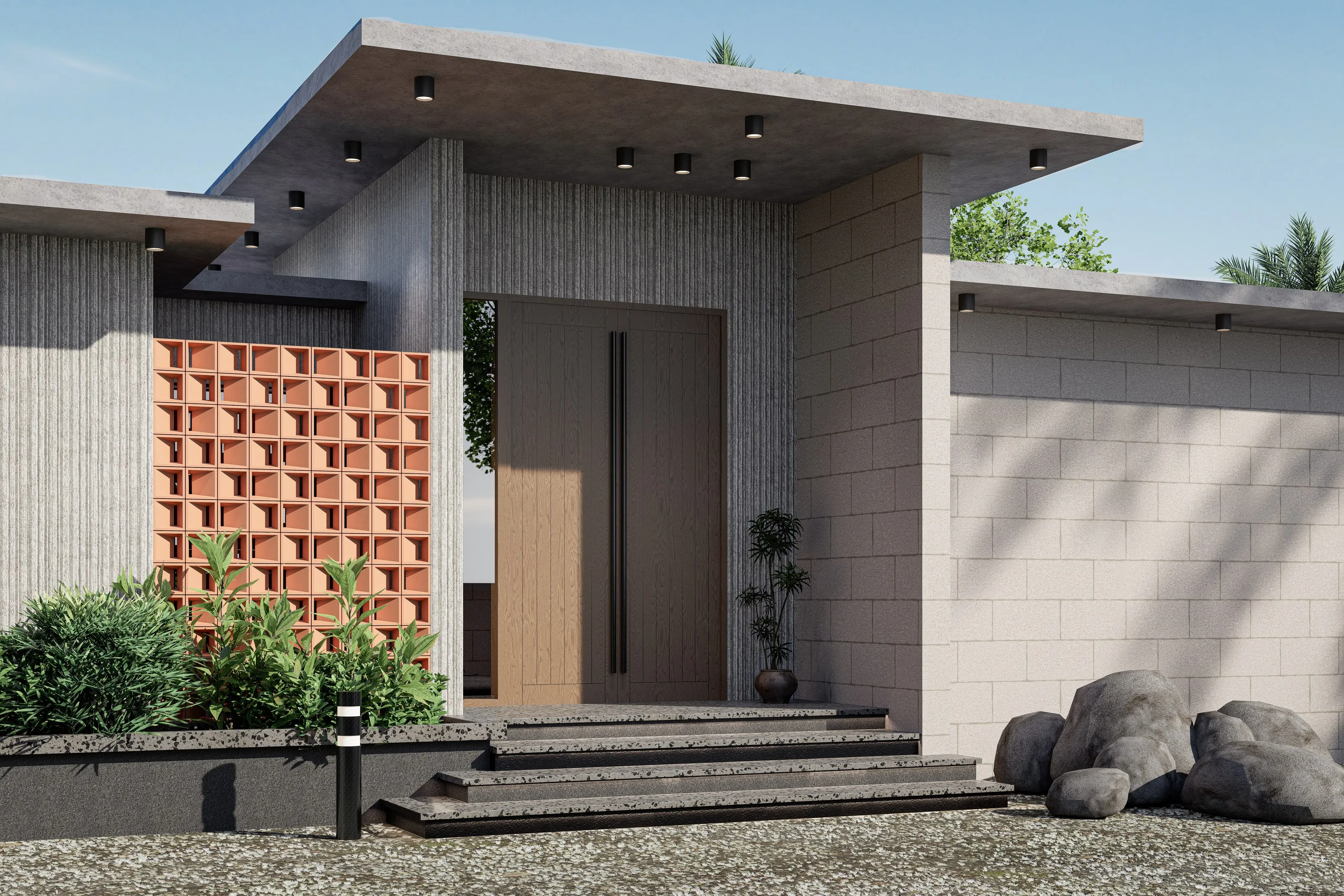 Exterior of a villa at Tranquil Farms showing the perforated jaali screen and cantilevered roof