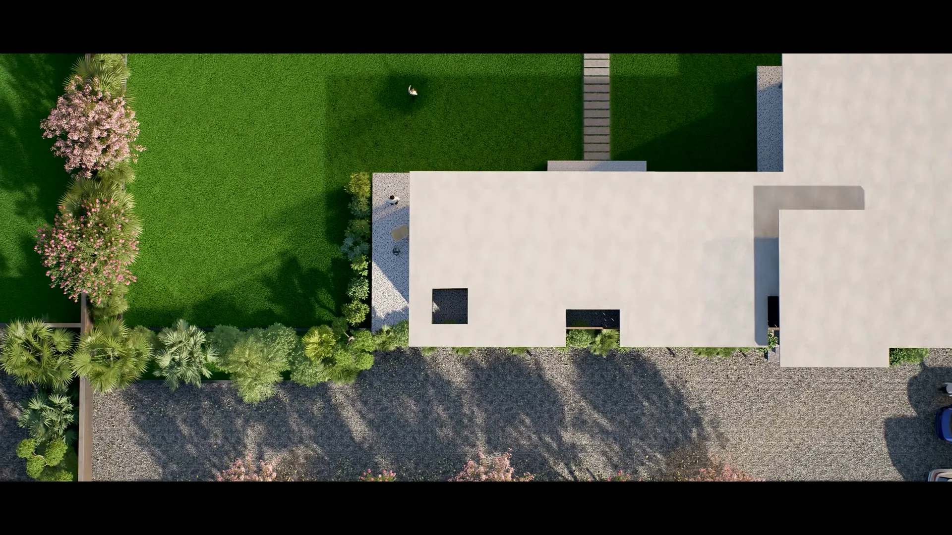 Aerial view of a villa on its plot at Tranquil Farms, showing the built footprint against the open lawn